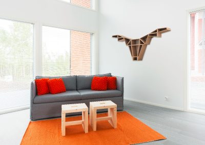 Suuret ikkunat antavat valoa avaraan olohuoneeseen. Huoneessa oranssi matto ja harmaa sohva punaisilla sohvatyynyillä. Seinällä puinen sisustushylly.