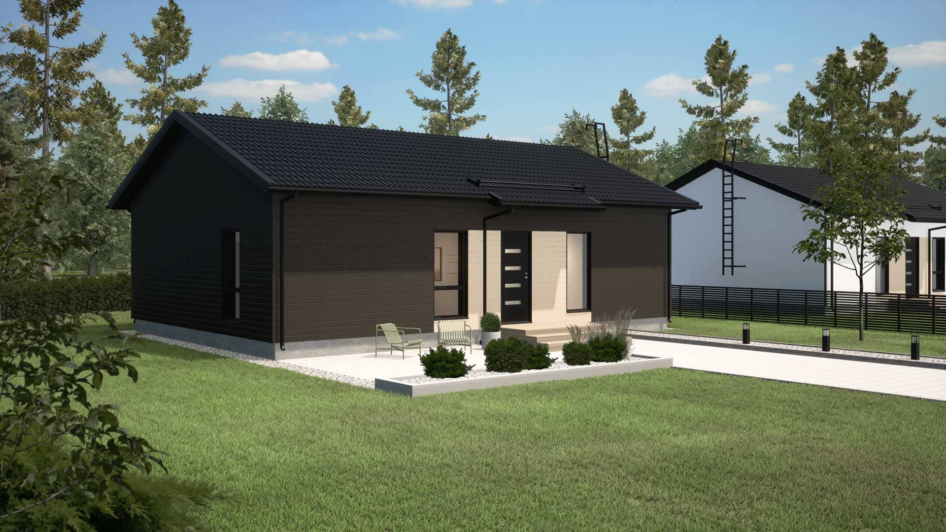 Visualisointikuva Arki 111A talomallista. Tummanruskea puutalo vaakalaudoituksella ja mustalla katolla. Kivetys ja nurmikkoa etualalla.