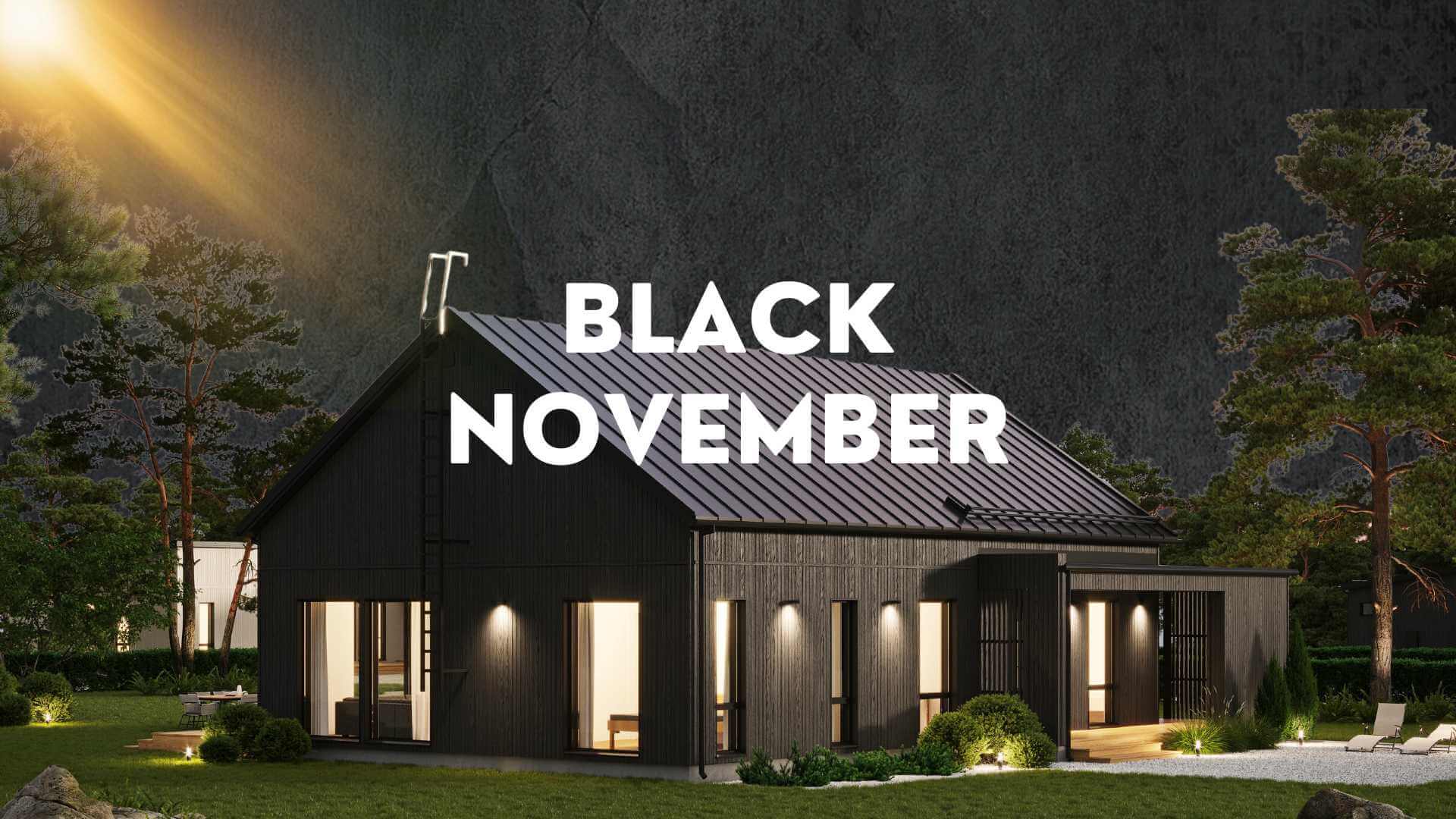Black November kampanjan kuva, jossa Skandi talomalli mustalla taustalla ja valonsäteet vasemmasssa ylänurkassa. Dekotalon Black Nivember kampanjaetuna 15 000€ alennus talokaupasta