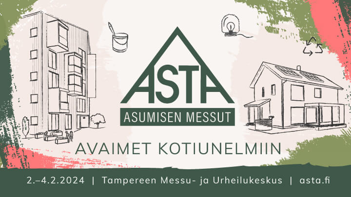 Asta-messut Tampereella ja niiden mainoskuva, jossa kerrotaan messujen ajankohta ja sijainti