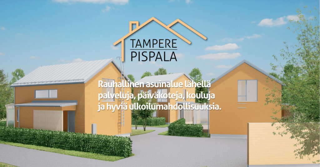 Pispalan hankkeen visualisointi kuva, kossa kolme 2 kerros taloa ja logo. 