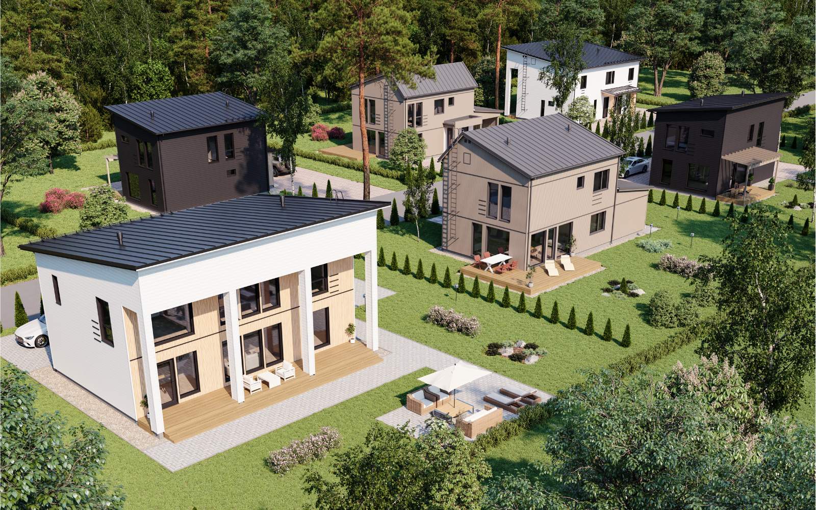 Deko_128_135_207 Skandi 129 B talomallin kuva. Musta pystyverhous, iltavalaistus, ulkovalot valaisevat talon seiniä. Katettu kuisti ja rimoitus.