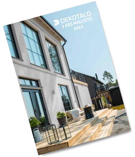 Kuva 2-kerrosmalliston esitteen kannesta, jossa on vaalea Lilla Hygge -messutalo.